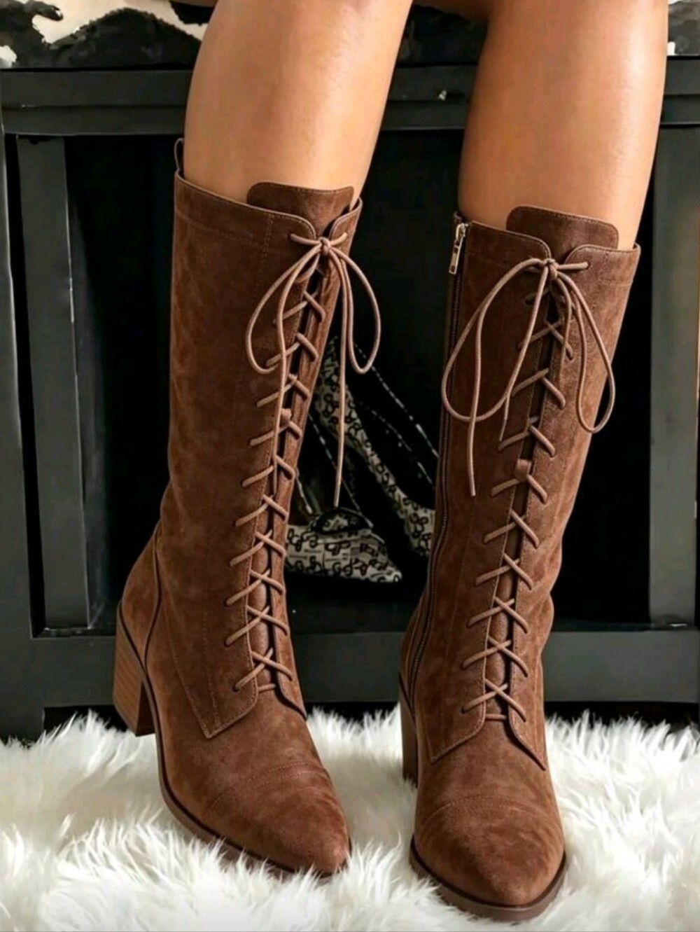 Women's Easter Leather Brown Mid Calf Boots Lace Up Chunky Heel Vintage Combat H